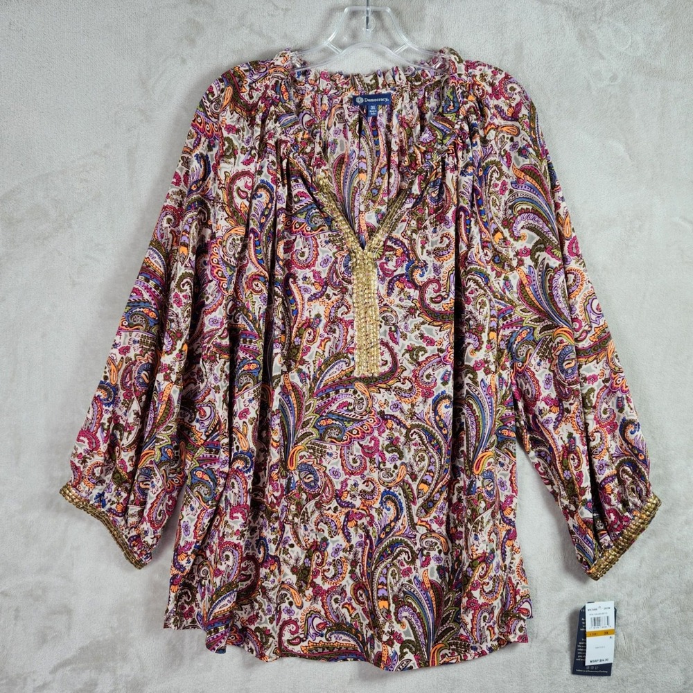 Democracy Blouse Womens 3X Paisley Studded V-Neck Boho‎ Chic 3/4 Puff Sleeve NWT